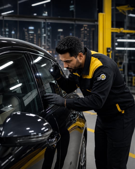 Autofay inspector examining the side window and mirror glass during a vehicle inspection in UAE