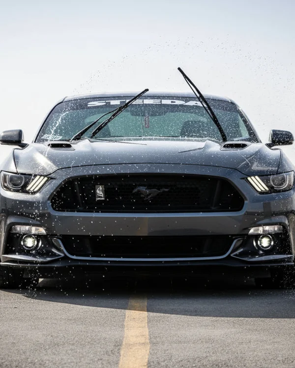 Inspector activating windshield wipers from inside, washer fluid spraying on glass, wipers sweeping clean, view from outside, bright Dubai outdoor