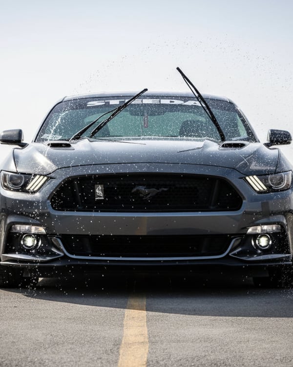 Inspector activating windshield wipers from inside, washer fluid spraying on glass, wipers sweeping clean, view from outside, bright Dubai outdoor