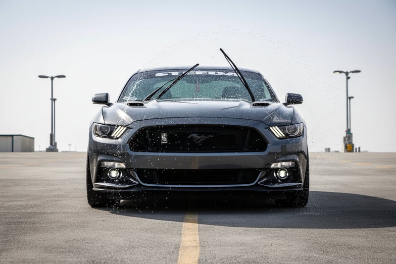 Inspector activating windshield wipers from inside, washer fluid spraying on glass, wipers sweeping clean, view from outside, bright Dubai outdoor