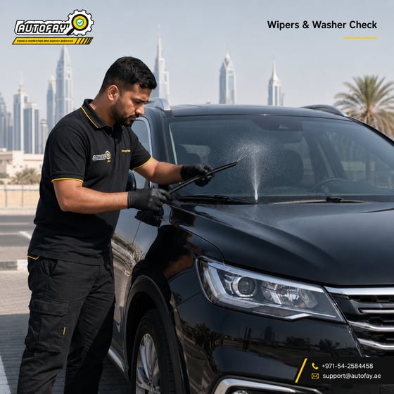 AUTOFAY inspector testing windshield wipers and washer system on SUV in UAE