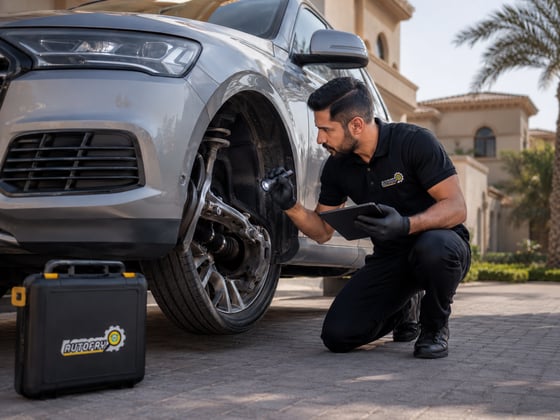 Autofay technician inspecting driveshaft CV joints and axle area during drivetrain inspection in UAE