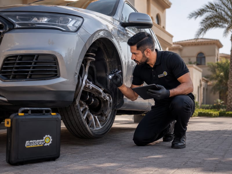 Autofay technician inspecting driveshaft CV joints and axle area during drivetrain inspection in UAE
