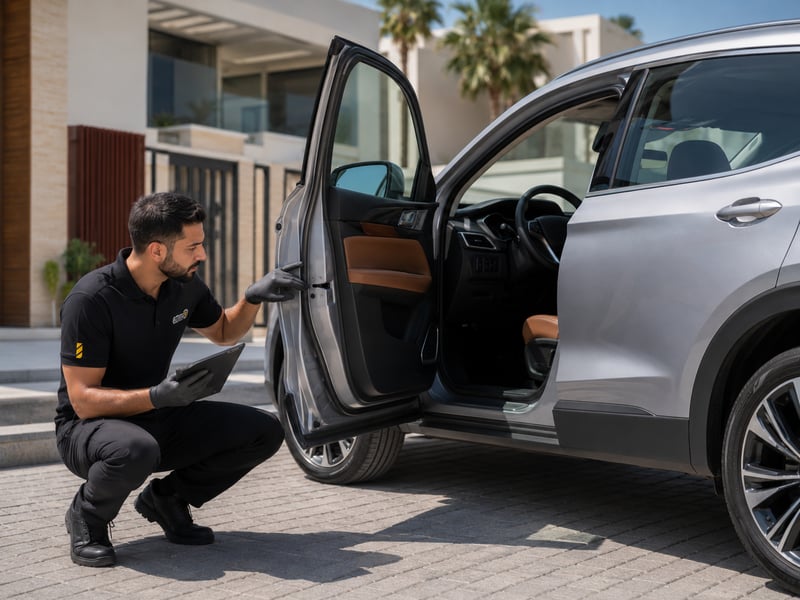 Autofay inspector checking door handles locks and interior controls during door inspection in UAE