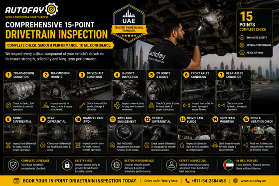 Autofay inspector checking rear differential and drivetrain components during vehicle inspection in UAE