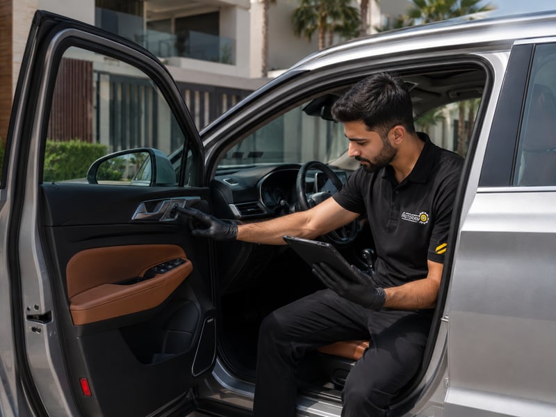 Autofay inspector checking all four doors and trunk during 13-point door inspection in UAE
