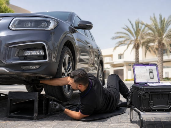 Autofay inspector checking vehicle body panels while customer observes during car inspection in UAE