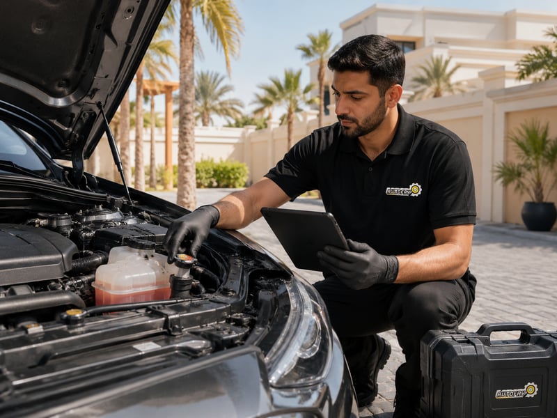 Autofay technician inspecting cooling system hoses and coolant leaks under the hood in UAE