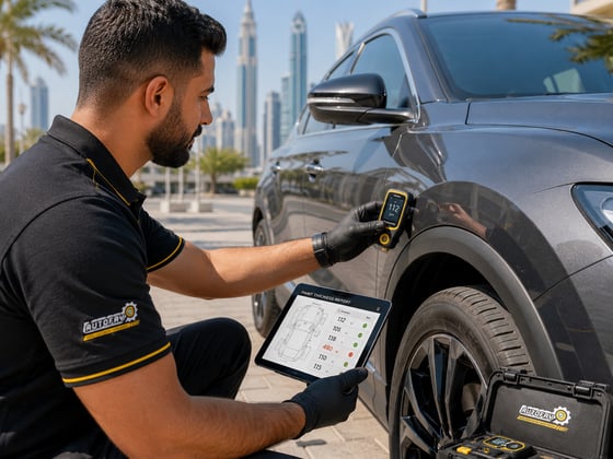 Autofay technician inspecting rust and corrosion on lower vehicle body panels in UAE
