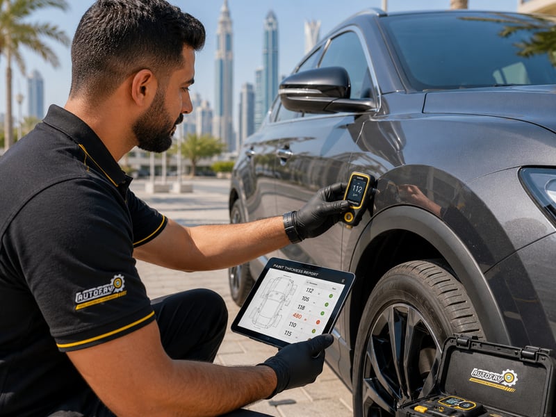 Autofay technician inspecting rust and corrosion on lower vehicle body panels in UAE