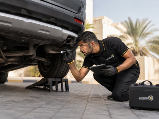 Inspector writing final report on tablet beside fully inspected SUV, all doors closed, car gleaming in Dubai sunlight, palm trees and blue sky, professional completion scene