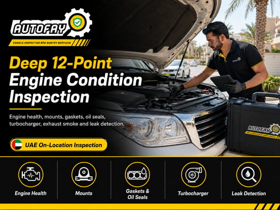 Autofay inspector performing deep engine condition inspection under the hood in UAE