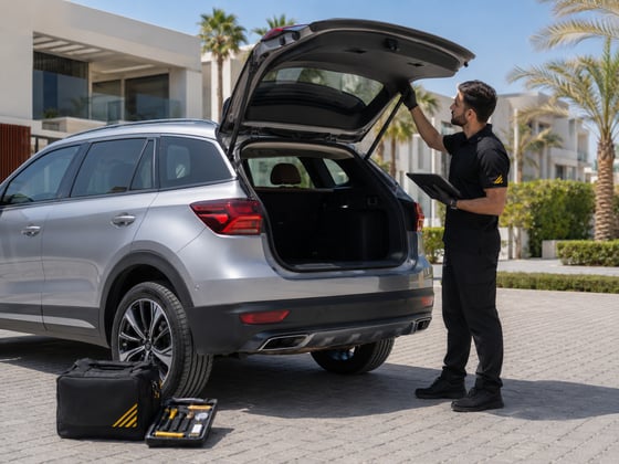Autofay inspector checking trunk tailgate hinges seals and lock operation during door inspection in UAE