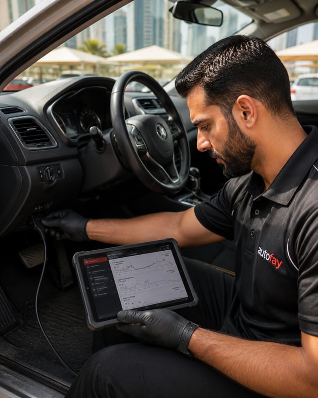 Inspector sitting in driver seat studying diagnostic tablet screen showing system scan progress, green checkmarks appearing for each module