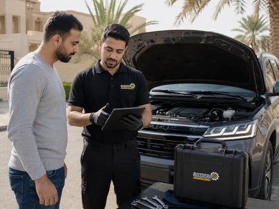 Autofay inspector checking radiator and cooling system during vehicle inspection in UAE