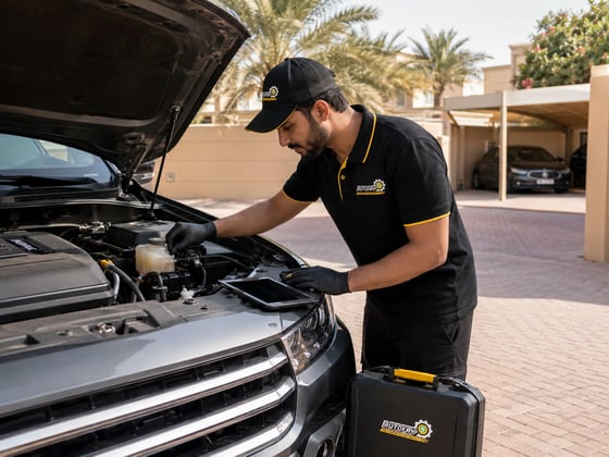 Inspector pulling parking brake lever inside car while assistant checks rear wheel won't spin, view from open rear door, Dubai outdoor daylight
