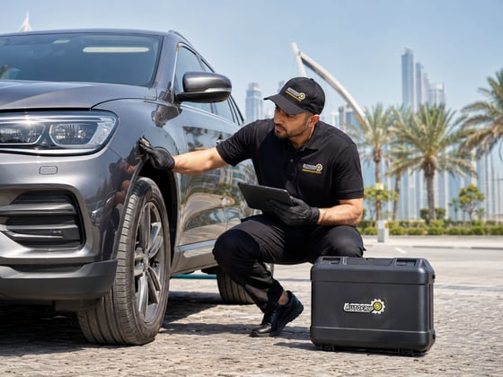 Autofay inspector checking body paint and exterior condition as part of comprehensive vehicle inspection in UAE