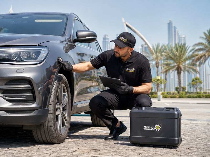 Autofay inspector checking body paint and exterior condition as part of comprehensive vehicle inspection in UAE