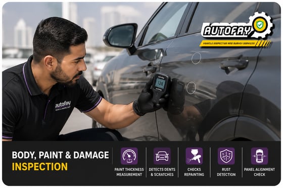 Autofay inspector measuring paint thickness during body paint and damage inspection in UAE