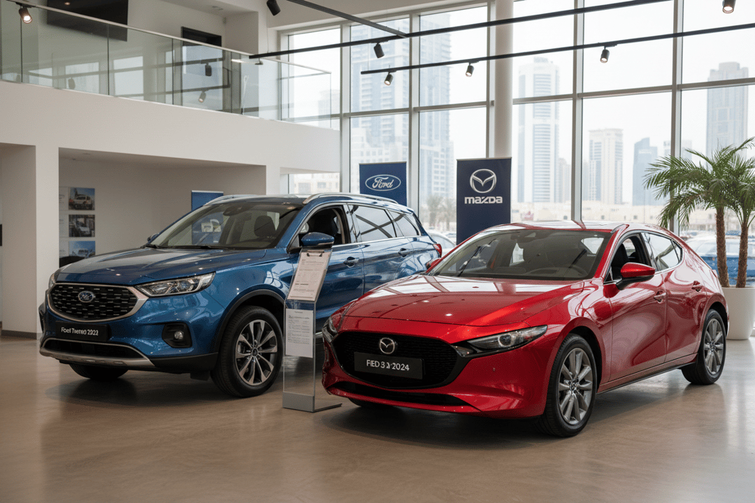 Ford Territory 2023 SUV next to Mazda 3 2024 hatchback in Abu Dhabi showroom, height difference visible, comparison clipboard between them, warm showroom lighting, commercial photography