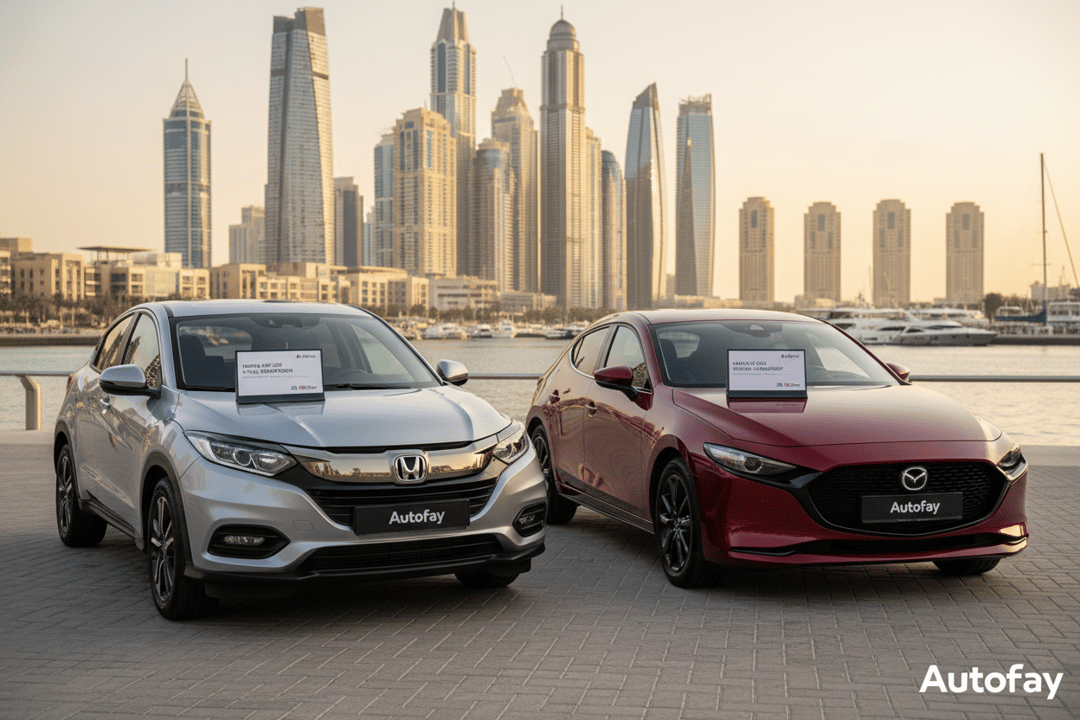 Honda HR-V 2022 and Mazda 3 2024 hatchback parked together at Dubai Marina, inspection reports on both hoods, golden hour waterfront light, cinematic commercial photography