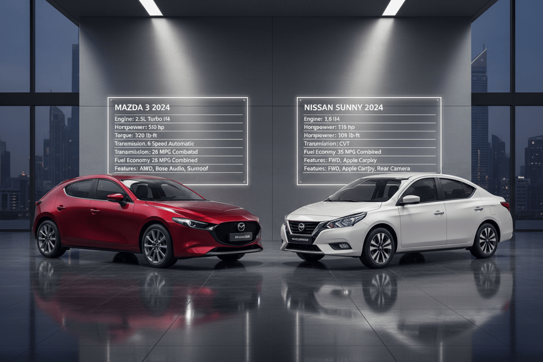 Mazda 3 2024 hatchback and Nissan Sunny 2024 sedan facing each other in a modern Dubai garage, spec sheets pinned to wall behind, warm studio lighting, commercial photography