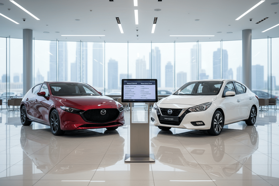 Mazda 3 2024 hatchback and Nissan Sunny 2024 sedan parked side-by-side in Dubai showroom, comparison checklist on tablet between them, sleek showroom lighting, commercial photography