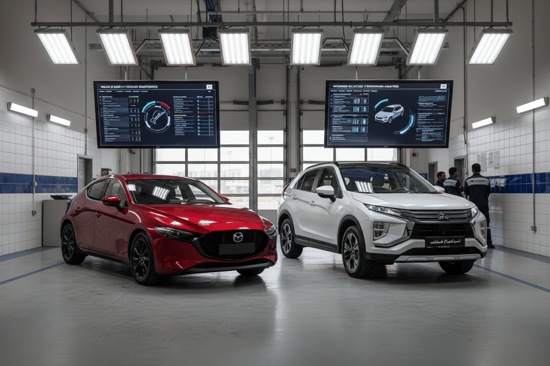 Mazda 3 2024 hatchback beside Mitsubishi Eclipse Cross 2024 SUV in Abu Dhabi inspection bay, diagnostic screens showing both vehicles data, dramatic overhead lighting, commercial photography