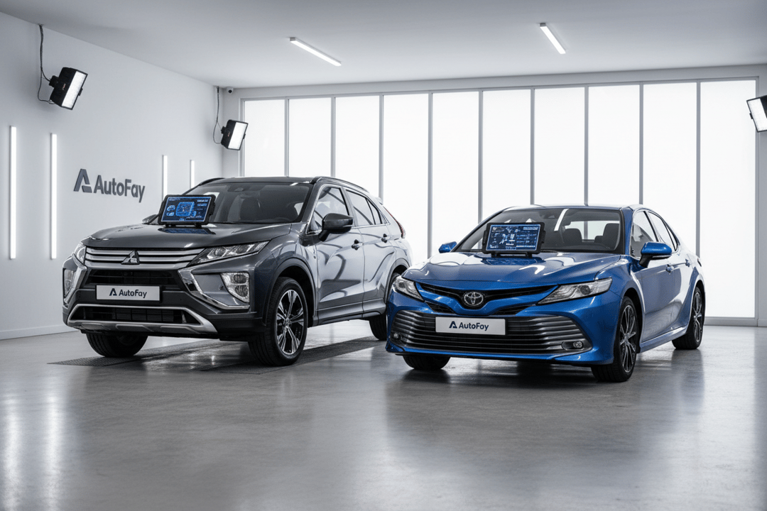 Mitsubishi Eclipse Cross 2024 and Toyota Camry 2020 in Abu Dhabi garage, SUV towering over sedan, diagnostic tablets on both dashboards, studio lighting, commercial photography, Autofay.