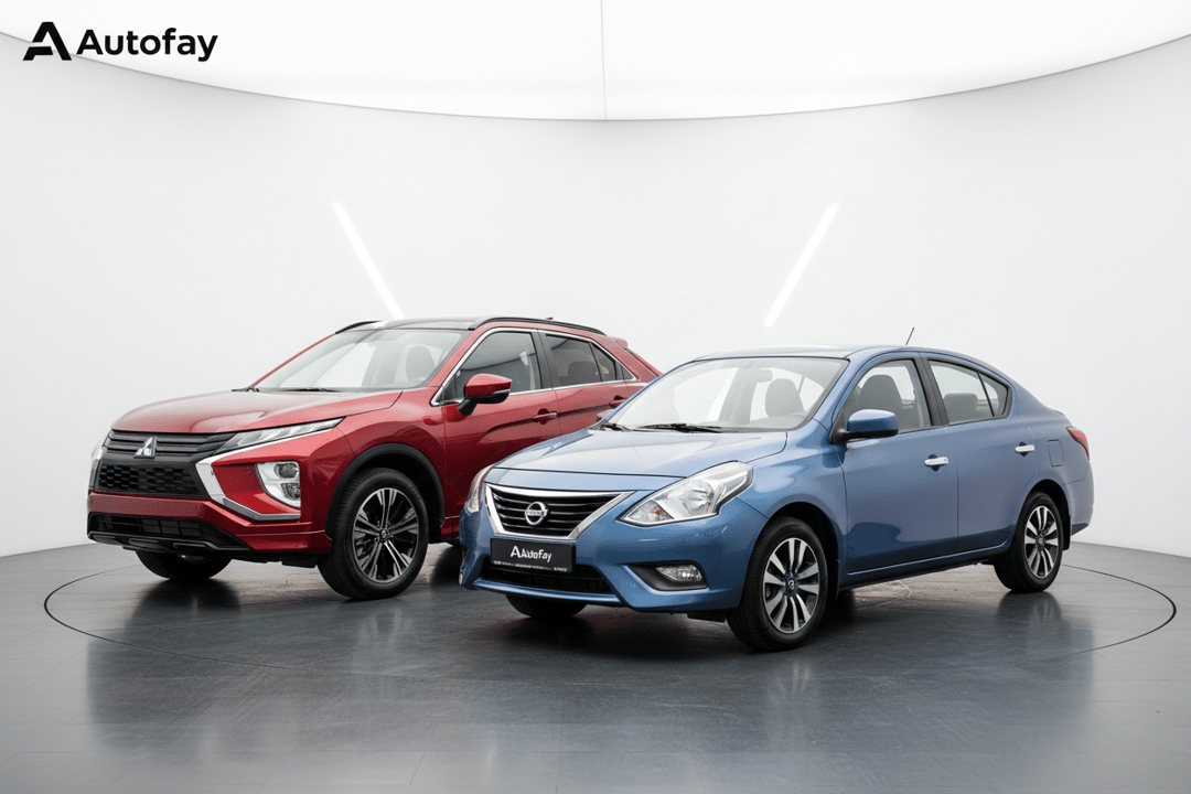Mitsubishi Eclipse Cross 2024 SUV beside Nissan Sunny 2024 sedan in Sharjah inspection center, height and size contrast visible, professional lighting, commercial photographyAutofay