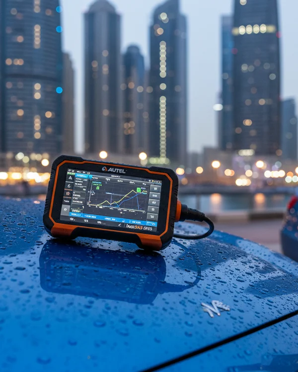Inspector kneeling at open driver door plugging OBD scanner cable into port under steering column, blue LED on connector glowing, bright Dubai daylight flooding cabin