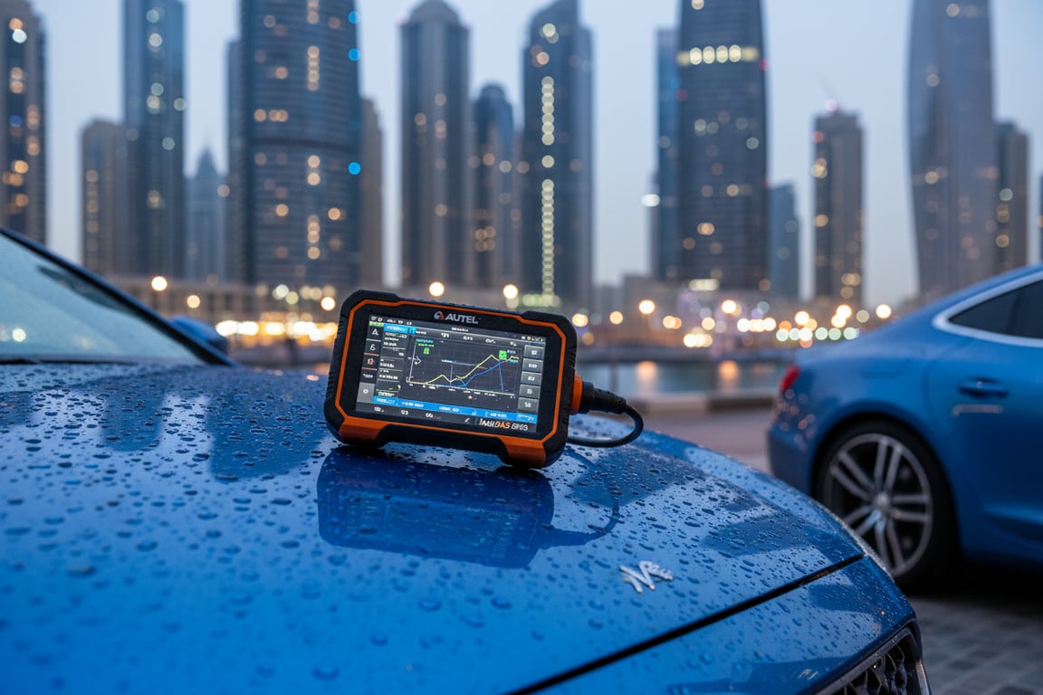 Inspector kneeling at open driver door plugging OBD scanner cable into port under steering column, blue LED on connector glowing, bright Dubai daylight flooding cabin