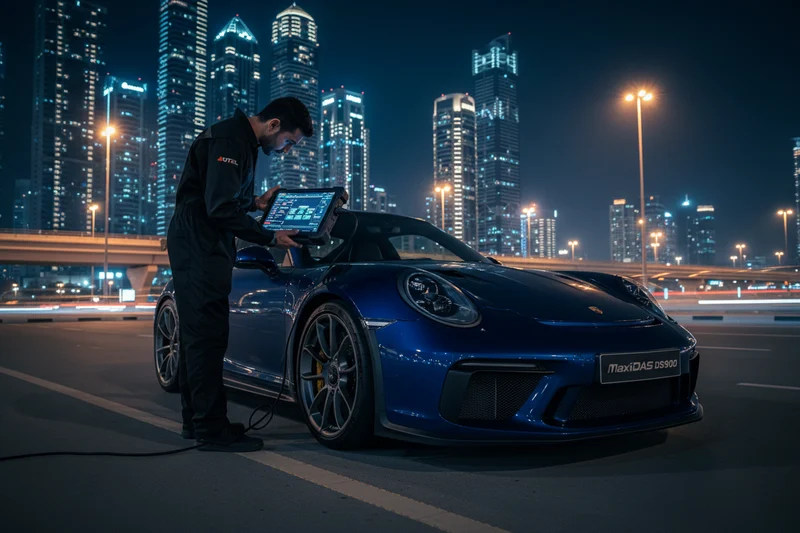 Inspector kneeling at open driver door plugging OBD scanner cable into port under steering column, blue LED on connector glowing, bright Dubai daylight flooding cabin