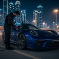 Inspector kneeling at open driver door plugging OBD scanner cable into port under steering column, blue LED on connector glowing, bright Dubai daylight flooding cabin