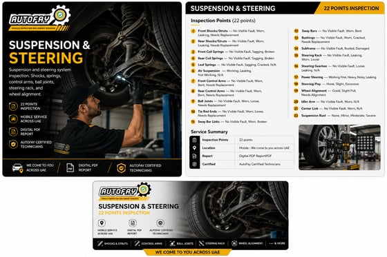 AutoFay technician inspecting vehicle suspension and steering components under the car in UAE