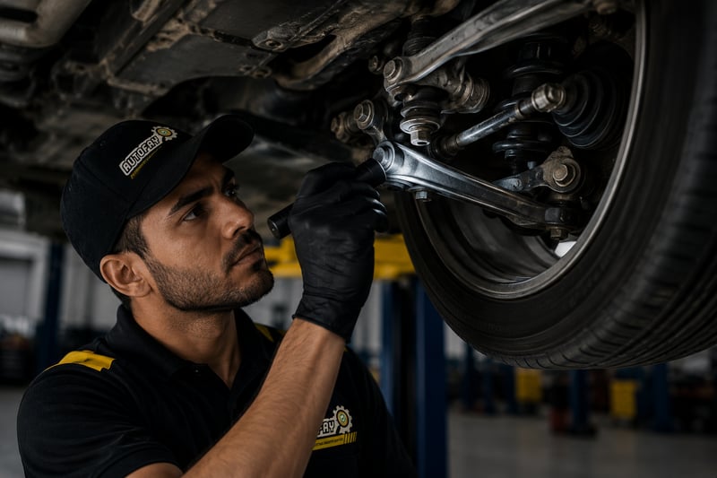 AutoFay technician inspecting vehicle suspension and steering components under the car in UAE
